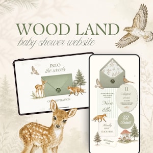 Pode incluir: Um modelo de site para chá de bebê com tema de floresta exibido em um tablet e smartphone. O design apresenta ilustrações em aquarela de um cervo, uma raposa e um pássaro, com o texto WOOD LAND baby shower website e INTO the woods.