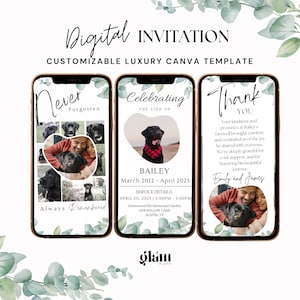 Invitation commémorative pour animal de compagnie, verdure, souvenir d'animal de compagnie, célébration de la vie d'un animal de compagnie, modèle de chien de mémoire, modèle d'invitation pour les funérailles de chien, modèle d'invitation pour les funérailles d'un animal de compagnie