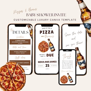 Pizza and Brews Baby Shower Invite Beer and Pizza Co-ed Canva Animated Editable Baby Evite Instant Download Digital pizza and pacifiers
