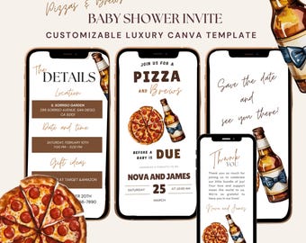 May include: A digital baby shower invitation template with a pizza and beer theme. The design features smartphones displaying event details, including date, time, location, and a thank you message. The invitation is customizable and available on Canva.