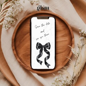 Minimalistische zwarte strik uitnodigen minimalistische RSVP, online RSVP-uitnodiging, RSVP-websites, bewerkbaar uitnodigend, zwarte kokette BB4 met strikthema afbeelding 9
