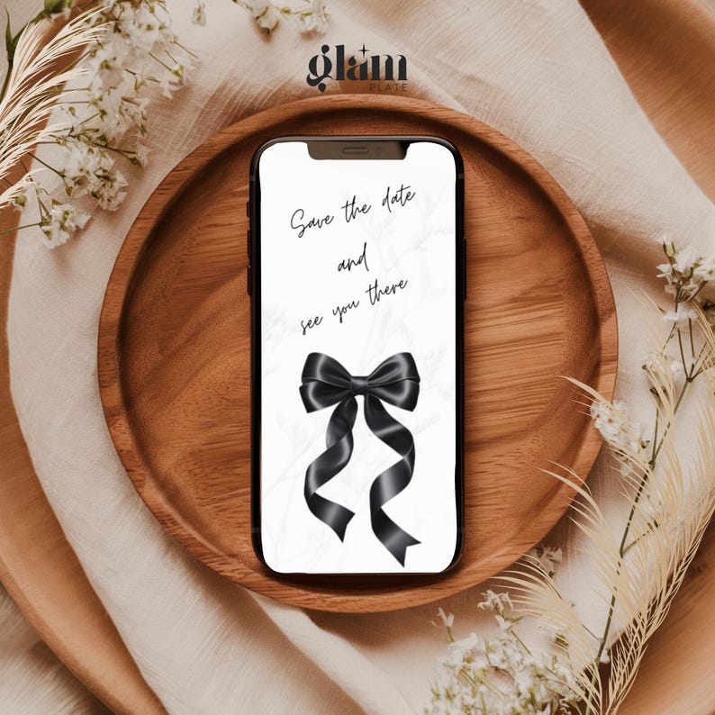Minimalistische zwarte strik uitnodigen minimalistische RSVP, online RSVP-uitnodiging, RSVP-websites, bewerkbaar uitnodigend, zwarte kokette BB4 met strikthema afbeelding 9