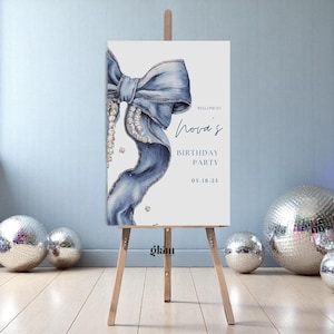 Denim and Diamond Welcome Sign Canva Template Editable Glam Birthday Sign Printable Blue Jean Bow Party Decor Sweet 16 Bachelorette Sign DD1