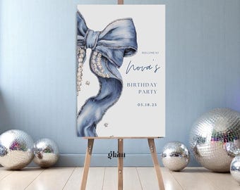 Denim and Diamond Welcome Sign Canva Template Editable Glam Birthday Sign Printable Blue Jean Bow Party Decor Sweet 16 Bachelorette Sign DD1