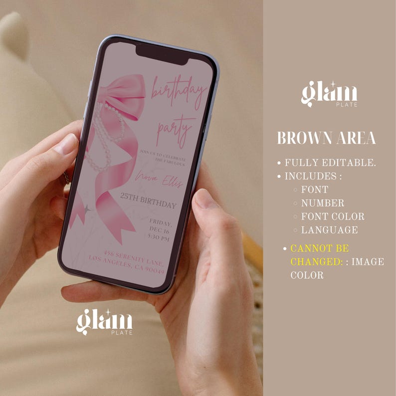 Peut inclure: Une invitation num&eacute;rique rose et blanche pour un 25e anniversaire. L'invitation pr&eacute;sente un n&oelig;ud rose avec un collier de perles et le texte "birthday party" en cursive rose. L'invitation comprend &eacute;galement la date, l'heure et le lieu de la f&ecirc;te.
