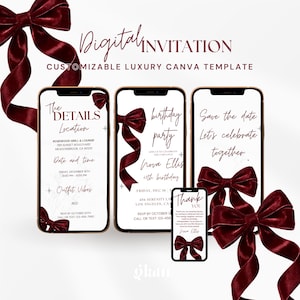 Könnte beinhalten: Digitales Einladungstemplate auf Smartphones. Das Design zeigt bordeauxfarbene Schleifen und Text, darunter "The Details", "Birthday Party" und "Save the Date". Eine anpassbare Luxus-Canva-Vorlage.