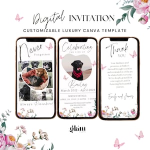 Modèle d'invitation commémorative pour les funérailles d'un animal de compagnie floral rose personnalisable souvenir d'animal de compagnie Modèle d'invitation pour les funérailles de chien