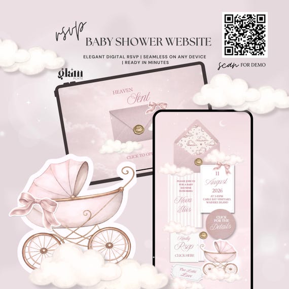 Pink cloud baby girl shower editable inviting,heaven sent rsvp websites,cloud 9 baby shower envelop invitation pastel cloud babyshower 9C1