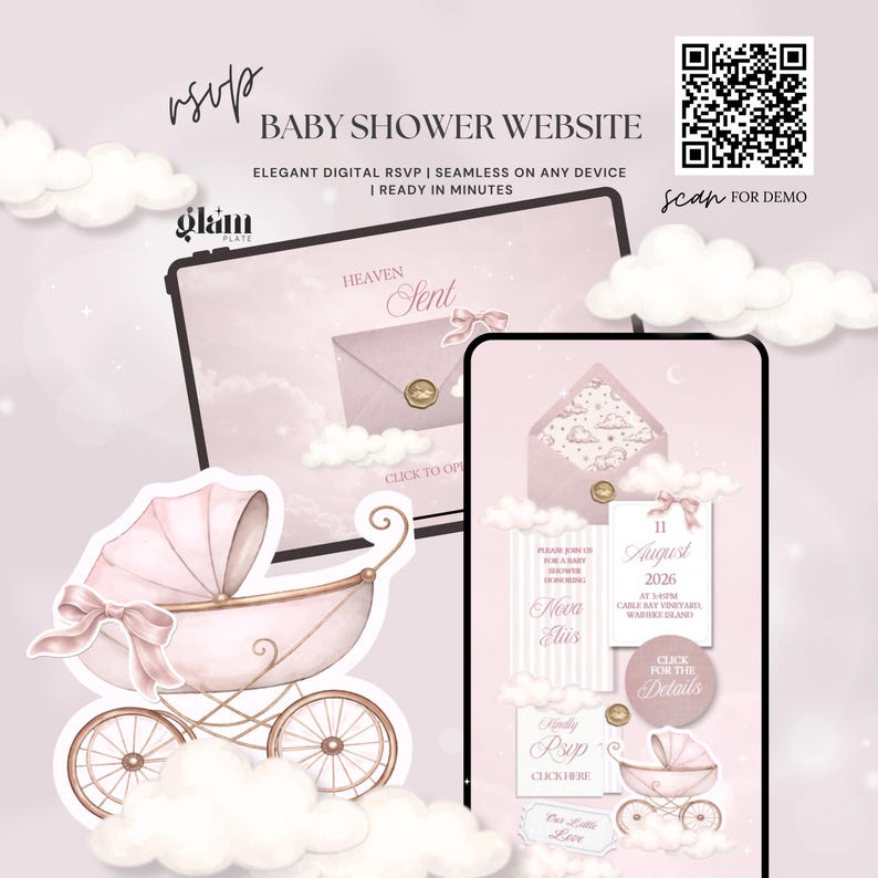 May include: Digital baby shower website design with a pink and gold color scheme. The design includes a baby carriage illustration, cloud accents, and the text "Baby Shower Website". The website is designed to be elegant and seamless on any device.