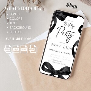 May include: Black and white birthday party invitation with a black bow on a white background. The invitation says "Please join us for a Birthday Party" and includes the name "Nova Ellis", the date "Friday, Dec 16", the time "5:30 PM", the address "456 Serenity Lane, Los Angeles, CA 90049", and the RSVP information "RSVP to Emily, Call or Text: 123 456 7890".