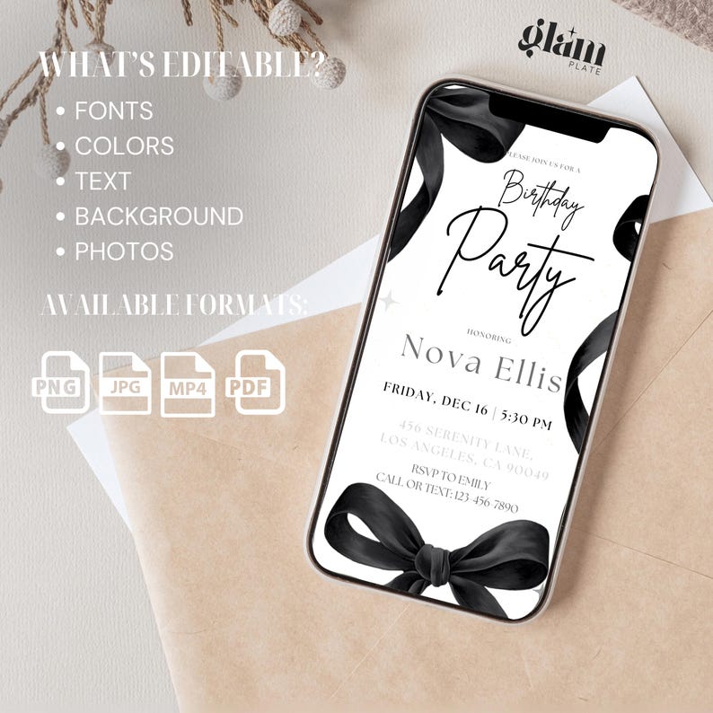 May include: Black and white birthday party invitation with a black bow on a white background. The invitation says "Please join us for a Birthday Party" and includes the name "Nova Ellis", the date "Friday, Dec 16", the time "5:30 PM", the address "456 Serenity Lane, Los Angeles, CA 90049", and the RSVP information "RSVP to Emily, Call or Text: 123 456 7890".
