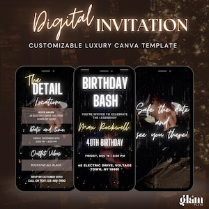 May include: A digital invitation for a 40th birthday party. The invitation is designed in a dark, glittery style with neon yellow text. The invitation includes the birthday person's name, Max Rockwell, the date and time of the party, and the location. The invitation also includes a message that says "Safe the date and see you there!"