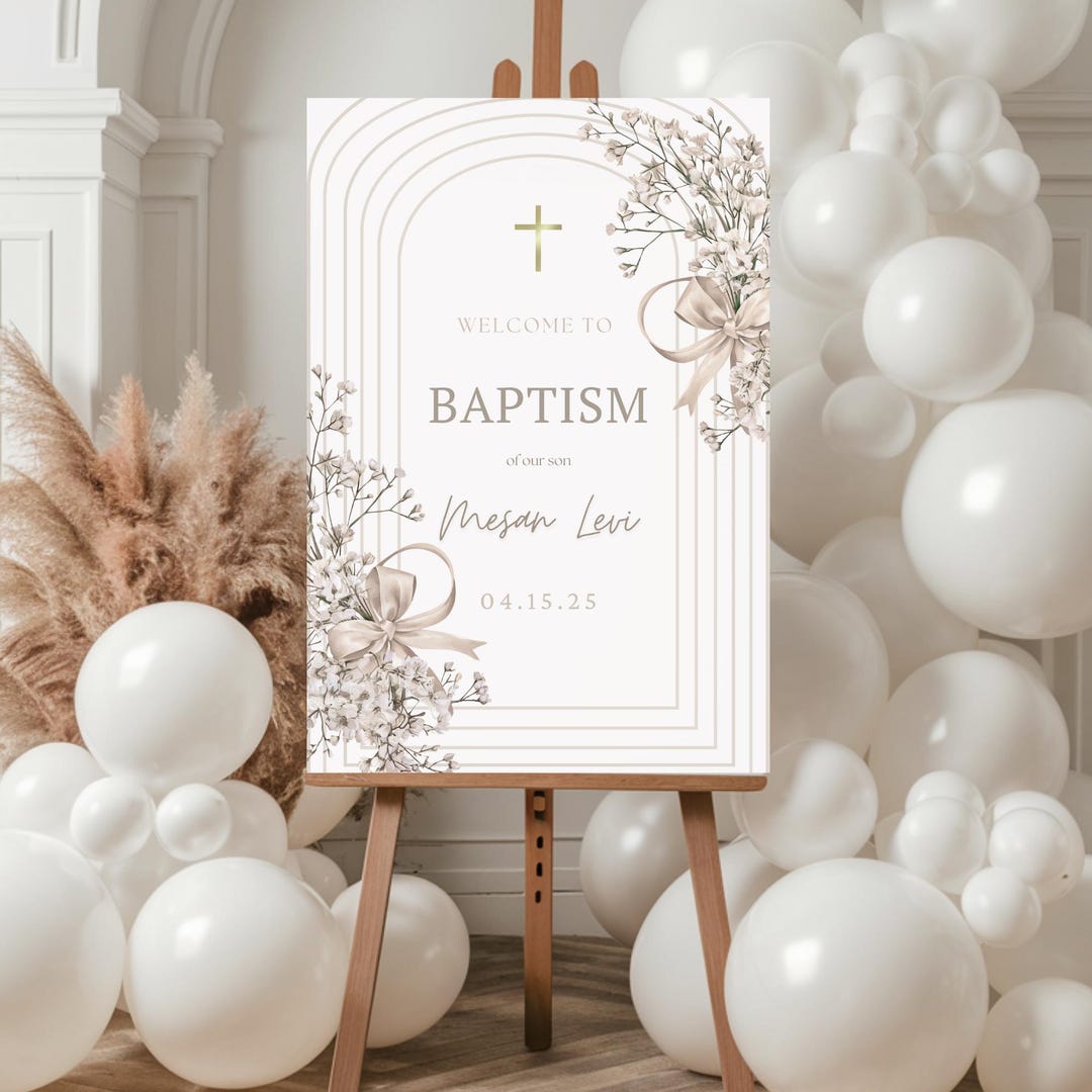 Boho Baptism Welcome Sign Template Beige Baby Breath Bow Canva ...