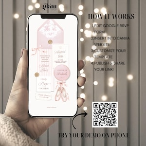 May include: A smartphone screen displaying a digital baby shower invitation template in shades of pink and white. The design features an envelope, ballet slippers, and text including August 11, 2026. The text HOW IT WORKS and a QR code are visible.