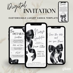 May include: A digital invitation for a nurse graduation party. The invitation features a black bow with a stethoscope and the text "Nurse Graduation" and "Nova Ellis". The invitation also includes the date and time of the event, the location, and RSVP information.