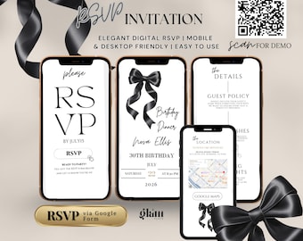 Minimalist black bow invite minimalistic rsvp,online rsvp invite,rsvp websites,editable inviting,coquette bow-themed,black coquetteful BB4
