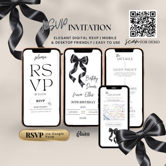 Minimalist black bow invite minimalistic rsvp,online rsvp invite,rsvp websites,editable inviting,coquette bow-themed,black coquetteful BB4