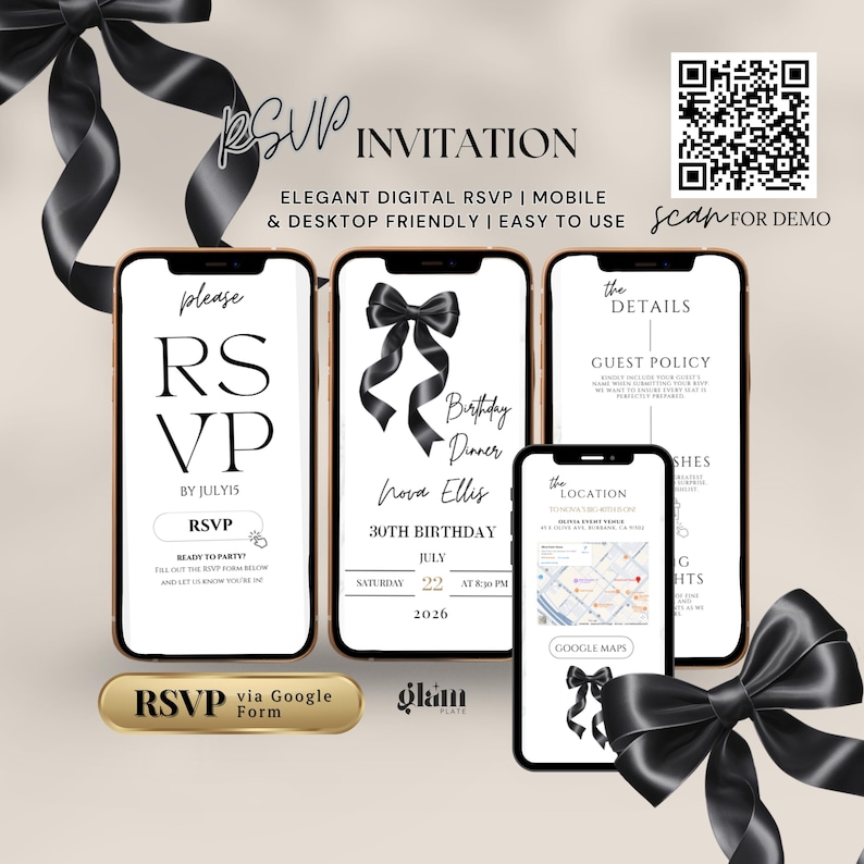 Minimalistische zwarte strik uitnodigen minimalistische RSVP, online RSVP-uitnodiging, RSVP-websites, bewerkbaar uitnodigend, zwarte kokette BB4 met strikthema afbeelding 1