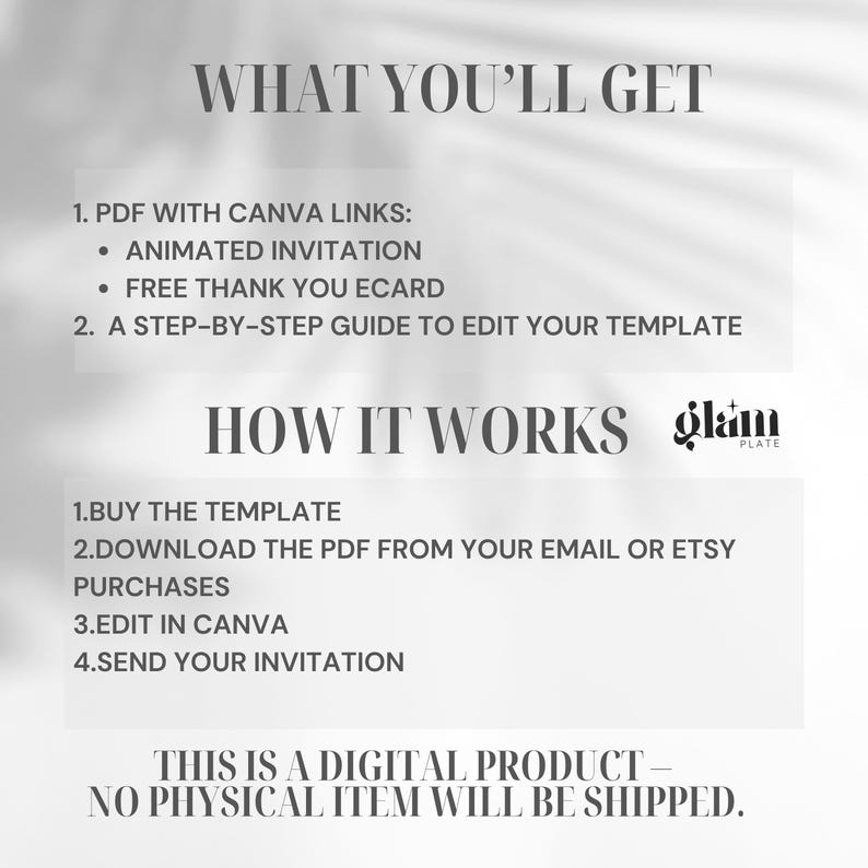 Peut inclure: Un fond blanc avec du texte noir d&eacute;crivant les &eacute;tapes pour cr&eacute;er une invitation anim&eacute;e &agrave; l'aide de Canva. Le texte comprend "What You'll Get", "PDF with Canva Links", "Animated Invitation", "Free Thank You Ecard", "A Step-by-Step Guide to Edit Your Template", "How It Works", "Buy the Template", "Download the PDF from your email or Etsy Purchases", "Edit in Canva", "Send Your Invitation", "This is a Digital Product - No Physical Item Will Be Shipped."