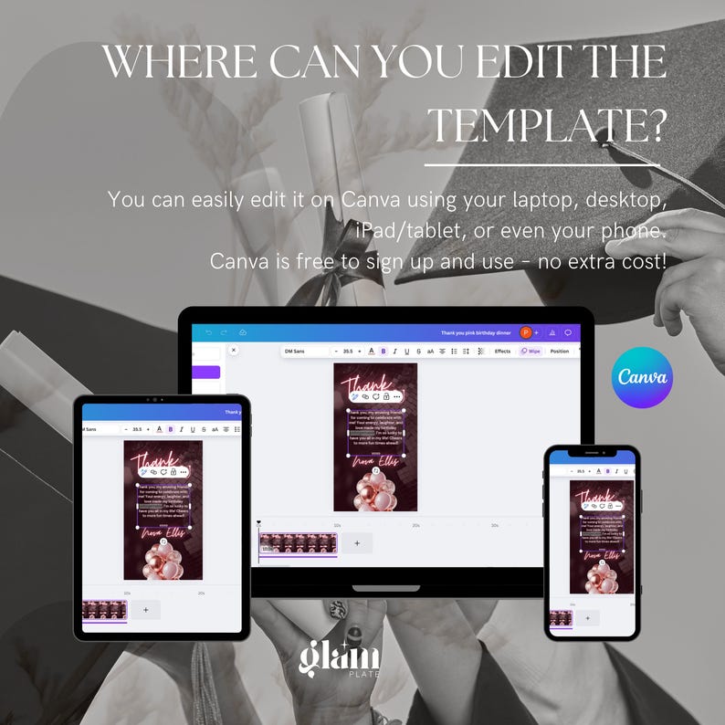 May include: A screenshot of a computer screen showing a Canva design template for a thank you card. The card features a pink and gold color scheme with the text "Thank You" in neon pink letters. The text "From Ellis" is also included on the card. The image shows how to edit the template using Canva on a laptop, tablet, or phone.