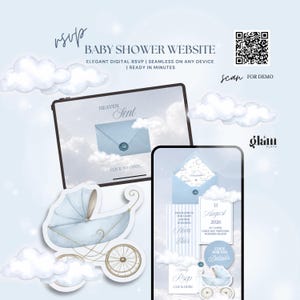 May include: A baby shower website advertisement featuring a tablet and smartphone displaying digital RSVP designs. The design includes a baby carriage illustration, clouds, and the text "BABY SHOWER WEBSITE". The color scheme is soft blue and gold.