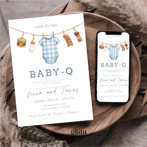 Baby-Q Blue BBQ Baby Shower Evite & Invitation Template,Editable Ranch Farm Baby Shower,backyard baby bbq shower invitating template QB1