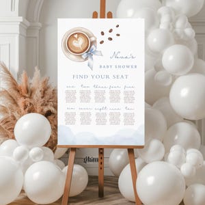 Op de afbeelding: Een zitplaatsenplan voor een babyshower op een houten ezel. Het bord toont een illustratie van een koffiekopje met een blauw lint, koffiebonen en de tekst "Nova's Baby Shower". De zitplaatsindeling staat hieronder, met een aquarel blauw ontwerp.