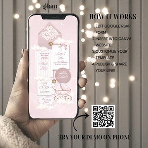 May include: A smartphone displays a pink baby shower invitation design. The design includes text, a baby carriage illustration, and cloud graphics. The phone also shows instructions: "How it works" and "Try your demo on phone."