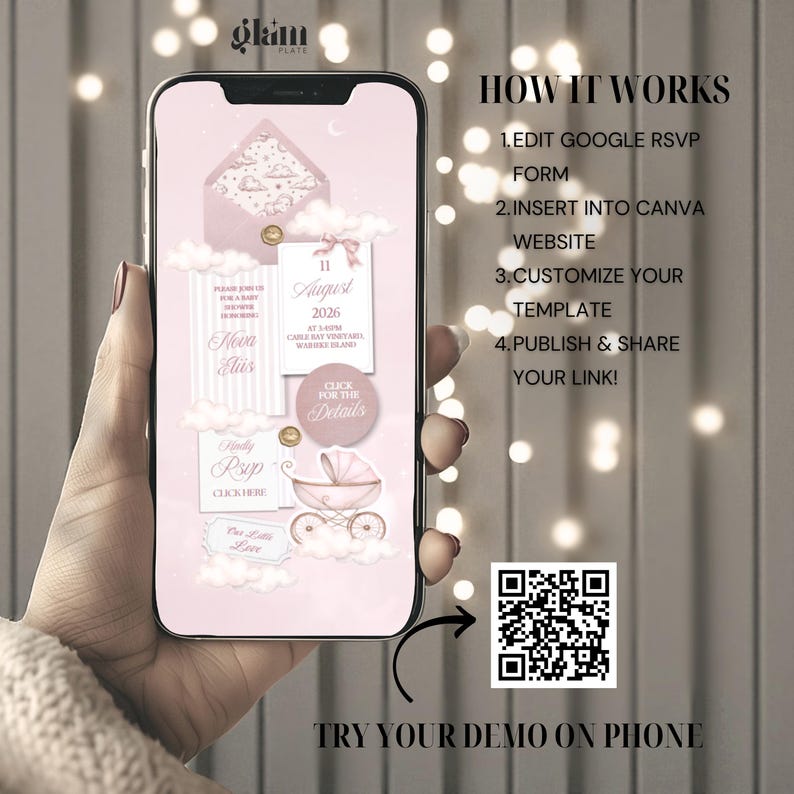 May include: A smartphone displays a pink baby shower invitation design. The design includes text, a baby carriage illustration, and cloud graphics. The phone also shows instructions: "How it works" and "Try your demo on phone."