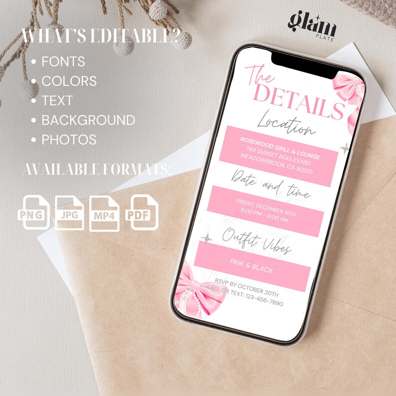 Peut inclure: Une invitation num&eacute;rique rose et blanche avec un n&oelig;ud et le texte "The Details Location" et "Date and time" avec la date et l'heure indiqu&eacute;es. L'invitation comprend &eacute;galement le texte "Outfit Vibes" avec le texte "Pink & Black" en dessous. L'invitation comprend &eacute;galement le texte "RSVP by October 20th" et un num&eacute;ro de t&eacute;l&eacute;phone.