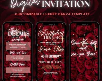 May include: A digital invitation for a 40th birthday dinner party. The invitation features a red rose background with gold glitter and text that says "Birthday Dinner" and "Nova Ellis 40th Birthday". The invitation also includes details about the date, time, and location of the event.