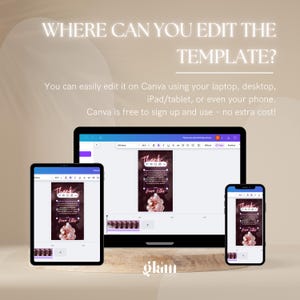 May include: A screenshot showing a Canva design template on a laptop, tablet, and phone. The template is a thank you card with a pink and gold design and the text "Thank you for celebrating with us!" and "From Ellie". The text "Where can you edit the template?" is at the top of the image. The text "You can easily edit it on Canva using your laptop, desktop, iPad/tablet, or even your phone. Canva is free to sign up and use - no extra cost!" is below the image.