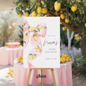 Citrus baby shower cartello di benvenuto fiocco, cartello baby shower limone fiocco rosa, baby shower bambina limone, invito ciao bambina, baby shower estivo italiano