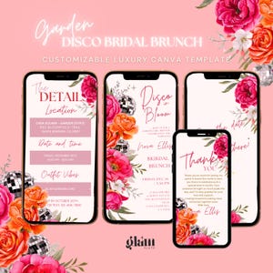 Floral Disco Garten Braut Brunch Einladung sofort download rosa floral glam Garten Disco Party Einladung Braut floral glam einladen