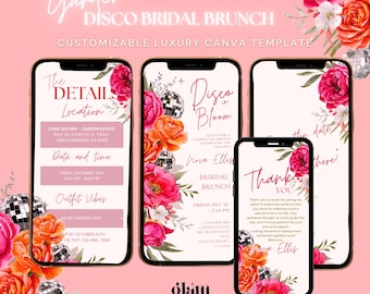 Invitación de brunch nupcial con diseño de discoteca floral en jardín, descarga instantánea, invitación para fiesta de discoteca con diseño floral glamoroso en jardín rosa, invitación nupcial con diseño floral glamoroso.