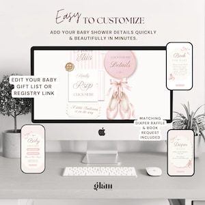 May include: A computer monitor and two smartphones displaying a baby shower invitation template with a ballerina theme. The design features soft pink ballet slippers, ribbons, and text including "Click for the Details," "Kindly RSVP," and "A little Ballerina is on the way." The screen also shows "Baby Gift List," "Book for Baby," and "Diaper Raffle" cards.