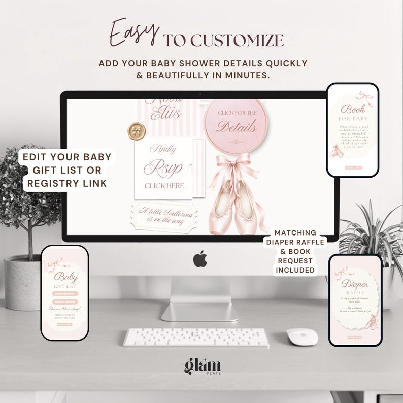 May include: A computer monitor and two smartphones displaying a baby shower invitation template with a ballerina theme. The design features soft pink ballet slippers, ribbons, and text including "Click for the Details," "Kindly RSVP," and "A little Ballerina is on the way." The screen also shows "Baby Gift List," "Book for Baby," and "Diaper Raffle" cards.