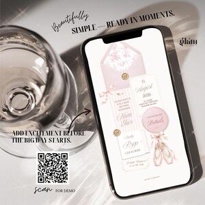 May include: A smartphone displaying a digital baby shower invitation with a pink envelope, floral liner, ballet slippers, and text including August 11 2026, Nova Elis, and RSVP. The screen features a QR code, the text Beautifully Simple&mdash;Ready in Moments, and Add Excitement Before the Big Day Starts.