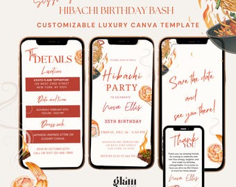 Plantilla editable de invitación de cumpleaños Hibachi para cena japonesa. Invitación de cumpleaños de lujo en Canva. Descarga instantánea. Noches de chicas digitales.
