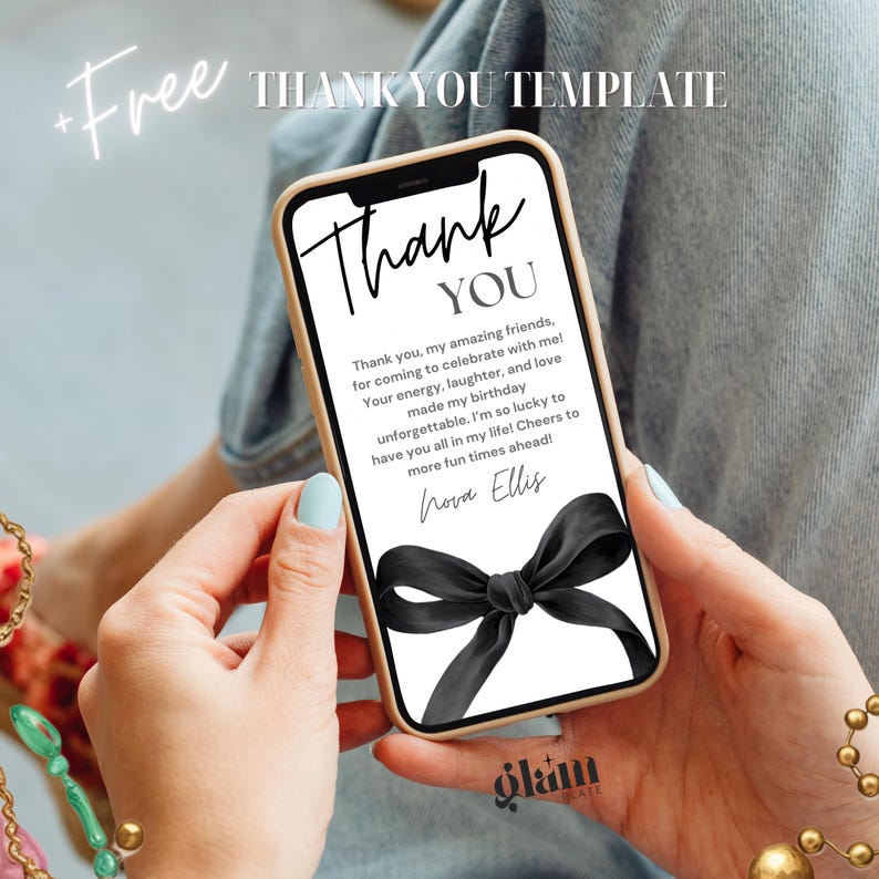 May include: A black and white thank you card template with a black bow on a white background. The text on the card reads "Thank You" in a bold, black font. The text below the bow reads "Nova Ellis".
