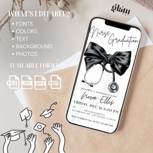 May include: A black and white printable invitation for a nurse graduation party. The invitation features a stethoscope with a black bow, a marble background, and the text "Nurse Graduation" and "Honoring a Wonderful Nurse Nova Ellis".