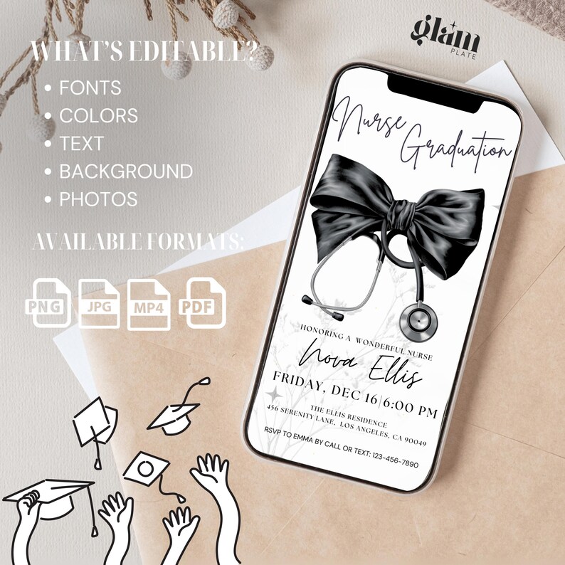 May include: A black and white printable invitation for a nurse graduation party. The invitation features a stethoscope with a black bow, a marble background, and the text "Nurse Graduation" and "Honoring a Wonderful Nurse Nova Ellis".