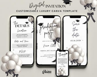 May include: Digital graduation party invitation template displayed on smartphones. The design features white balloons with black ribbons, a graduation cap, and event details. The text includes "graduation party", "Save the date", and "Thank You".