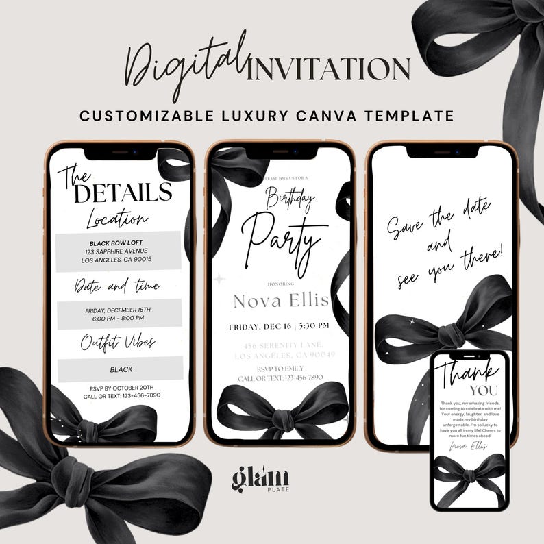 Black Bow birthday invitation,Minimalist black bow birthday invite,ribbon coquett bow black velvet editable inviting birthday milestone image 1