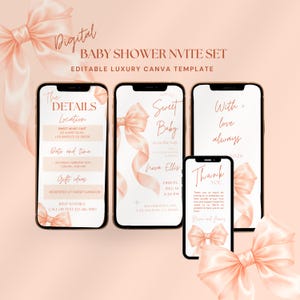 May include: A digital baby shower invitation set displayed on four smartphones. The screens feature text and bow graphics in a soft peach colour. The text includes details like location, date, time, and gift ideas.