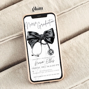 May include: A black and white digital invitation for a nurse graduation party. The invitation features a black bow with a stethoscope and the text "Nurse Graduation", "Honoring a Wonderful Nurse", "Nova Ellis", "Friday, Dec 16, 6:00 PM", "The Ellis Residence", "456 Serenity Lane, Los Angeles, CA 90049", and "RSVP to Emma by call or text: 123-456-7890".