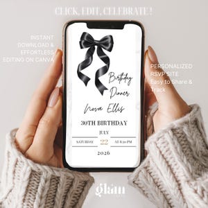 Minimalistische zwarte strik uitnodigen minimalistische RSVP, online RSVP-uitnodiging, RSVP-websites, bewerkbaar uitnodigend, zwarte kokette BB4 met strikthema afbeelding 2