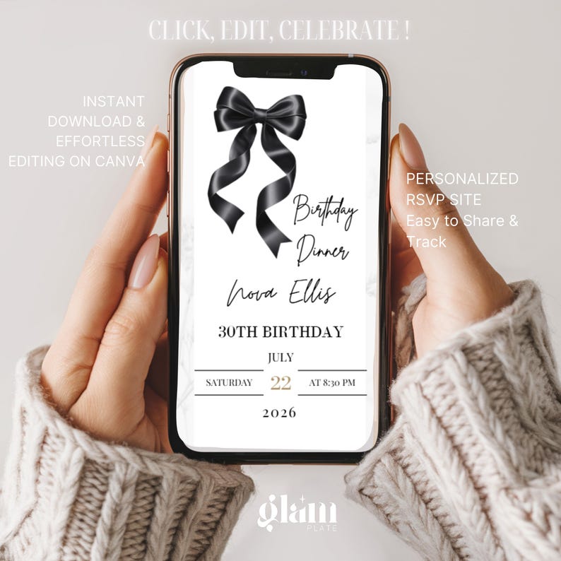 Minimalistische zwarte strik uitnodigen minimalistische RSVP, online RSVP-uitnodiging, RSVP-websites, bewerkbaar uitnodigend, zwarte kokette BB4 met strikthema afbeelding 2