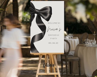 Minimalistisch welkomstbord met strik, verjaardagsfeestje zwarte strik, zwarte strik decoraties, welkomstbord strik, strikthema, ondertekend sjabloon BB4