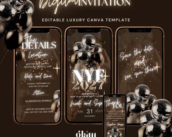 May include: A digital invitation template set for a New Year's Eve party, featuring black and gold disco ball graphics, sparkling accents, and text including "NYE 2027," "The Details," "Save the date," and "Thank You" on smartphone screen displays.